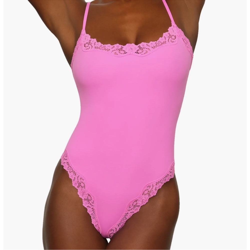 SKIMS Pink Lace Bodysuit